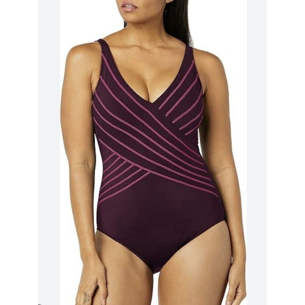 NWT Gottex SEmbrace Surplice One-Piece V Swimsuit Striped Plum Blush EE158 SZ 12